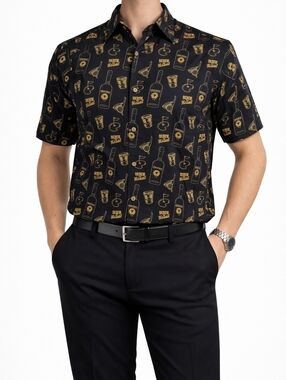 Skrewball Whiskey Men’s Button Up Shirt Medium Black Gold Graphic Stretch Casual